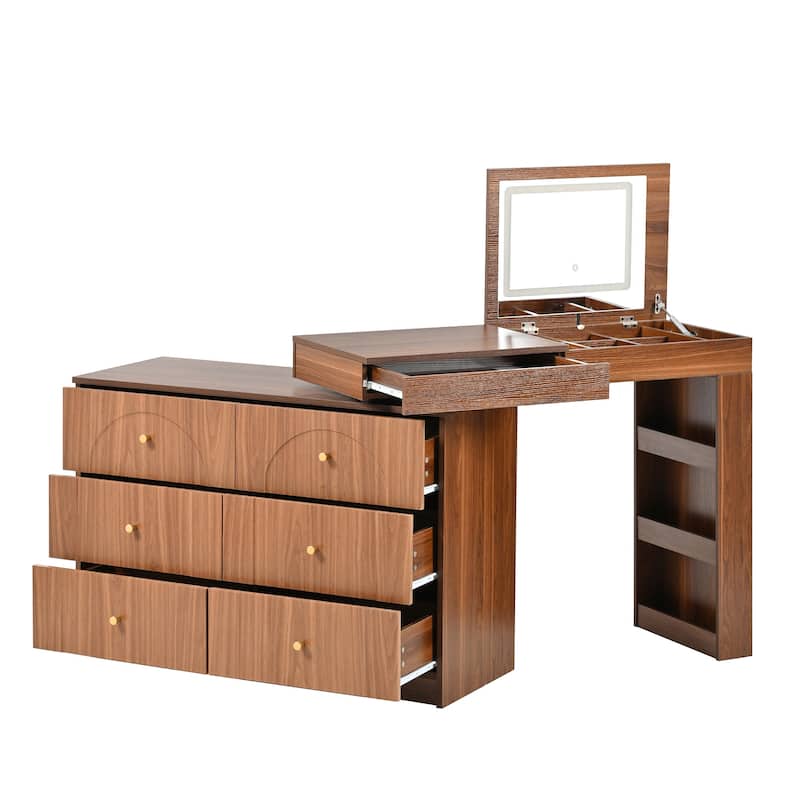Vanity Desk with Mirror and Lights, Makeup Vanity Table with Flip-Top Tabletop and Storage 7 Drawers, 9 Compartments, 3 Shelves