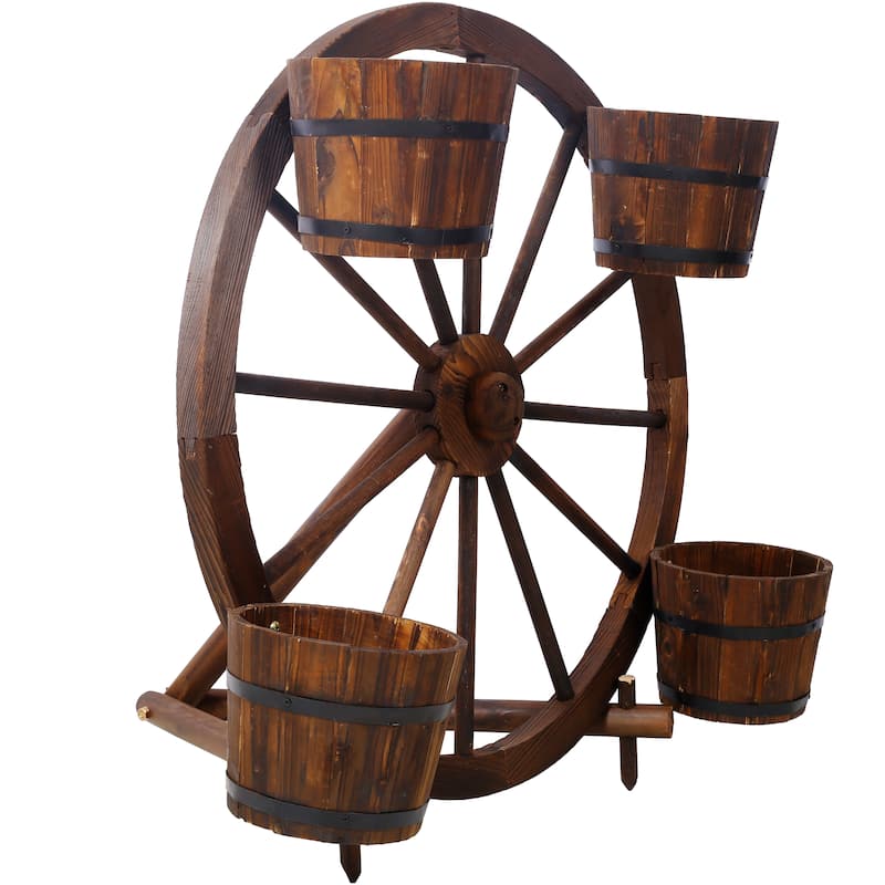 Wood wagon wheel barrel planter, Wagon Wheel Barrel Planter Display
