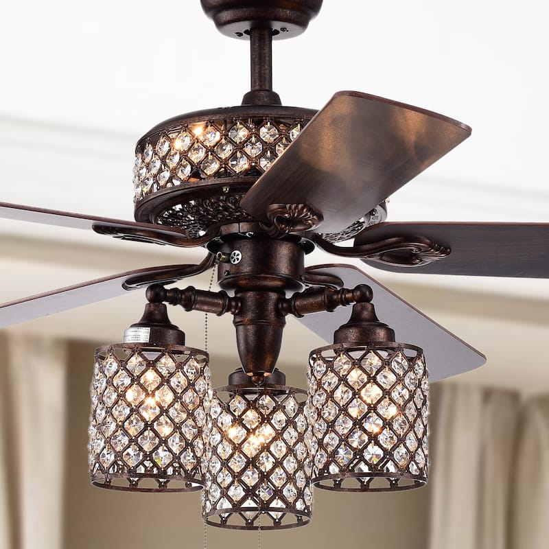 Pristil 5-Blade 52-Inch Rustic Bronze Lighted Ceiling Fans with Crystal Grid Shade (2 Color Option Blades)