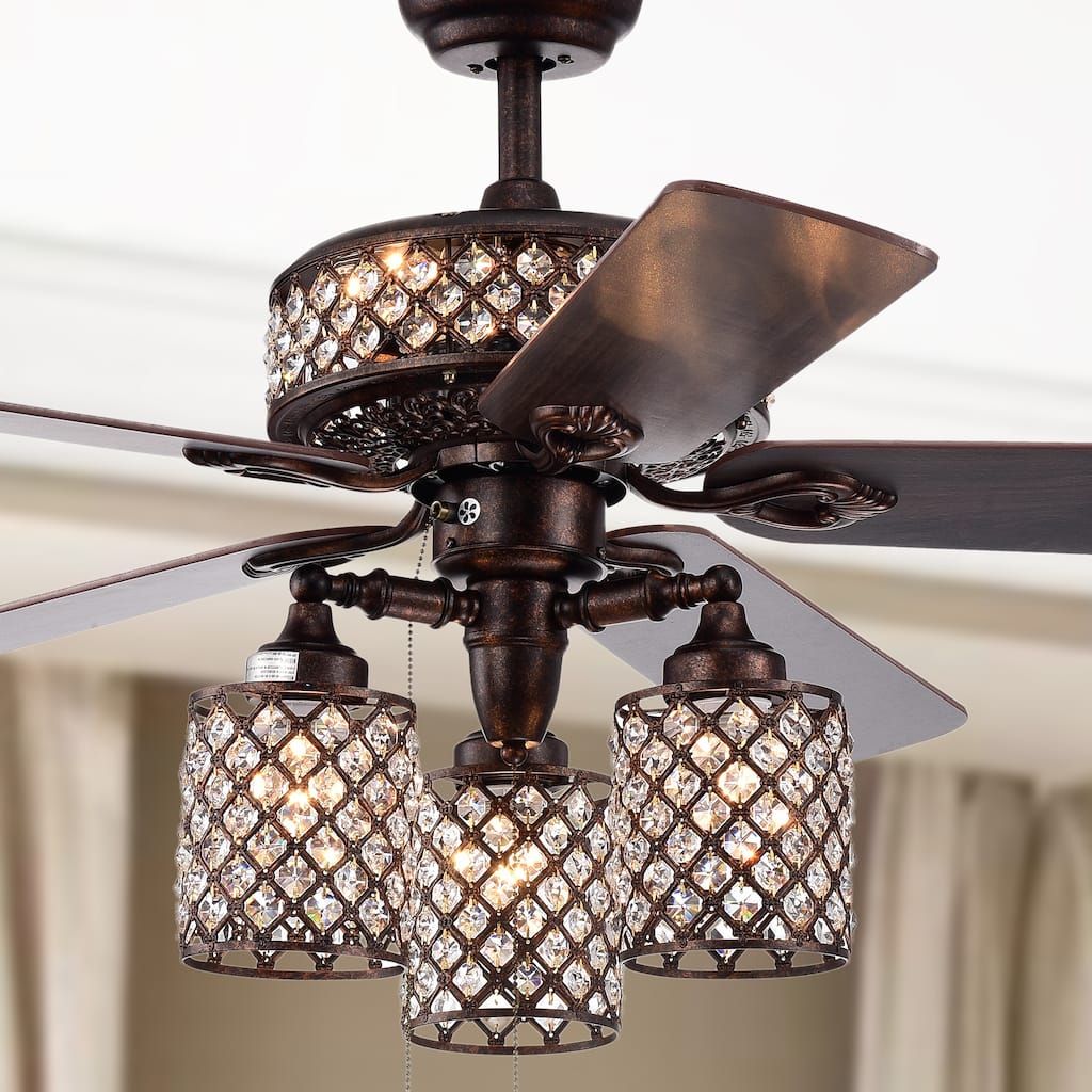Pristil 5-Blade 52-Inch Rustic Bronze Lighted Ceiling Fans with Crystal Grid Shade (2 Color Option Blades)