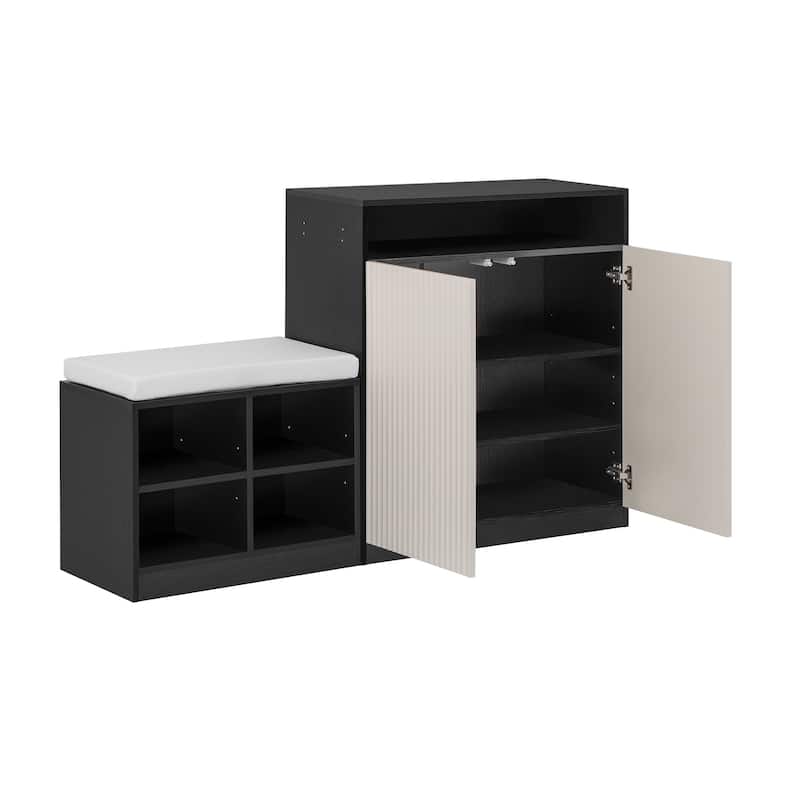 Bayliy 2 Doors Storage Cabinet with Shoe Bench and Adjustable Shelves