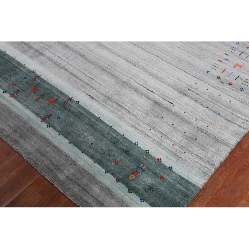 Tribal Gabbeh Indian Area Rug Hand-Knotted Grey Modern Wool Carpet - 8'0" x 9'8"