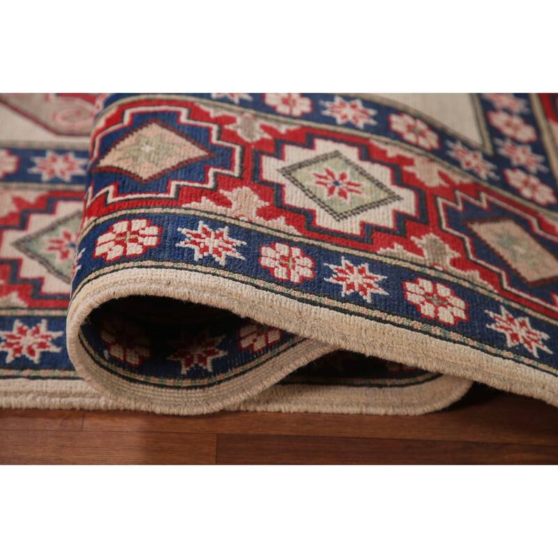 Ivory Geometric Kazak Area Rug Handmade Wool Carpet - 6'8" x 9'6"