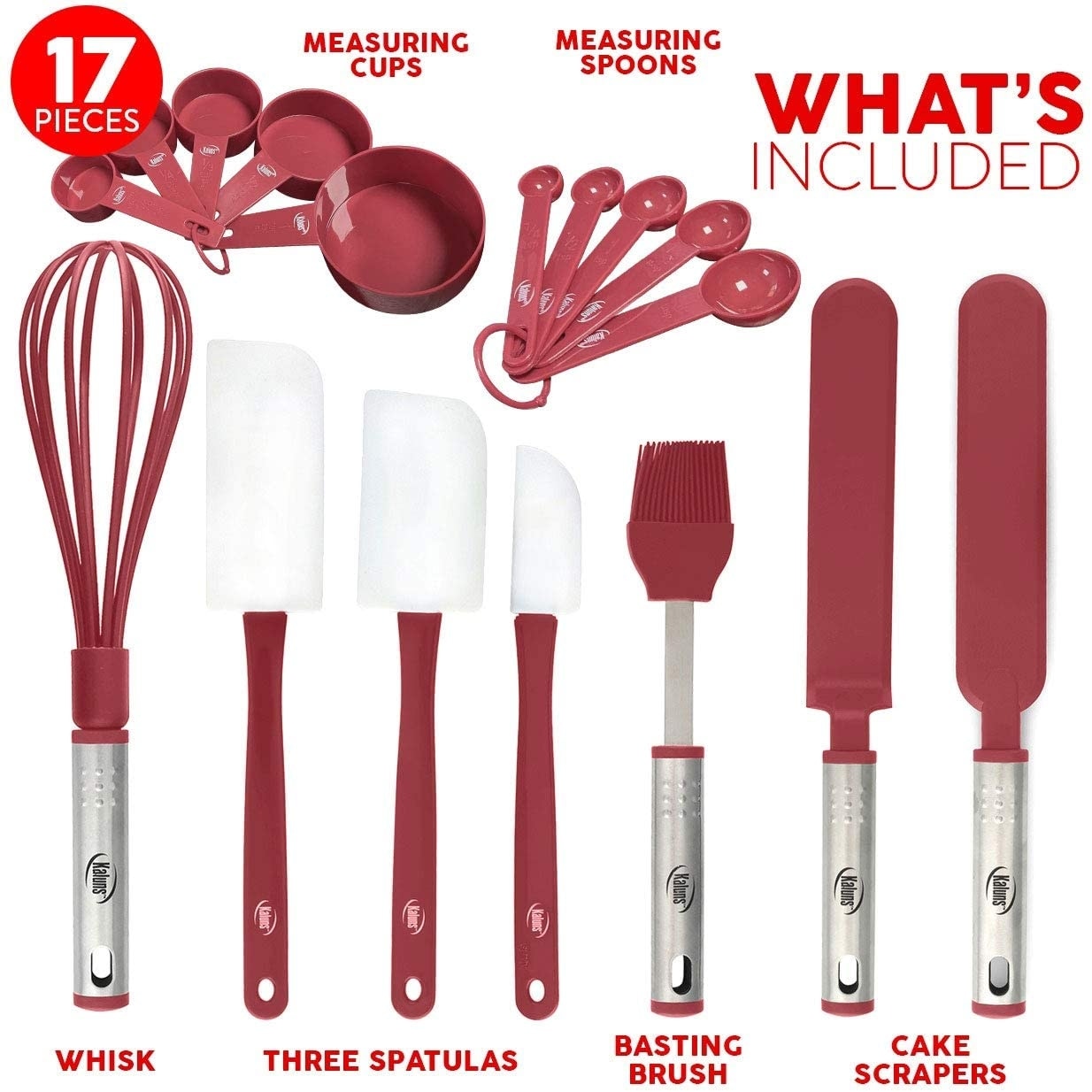 K & G Silicone Cooking Utensils Set 11 Pcs Red Kitchen Utensils Set with Holder, Spatula, Whisk, Tongs, Soup Ladle, Silicone Spoon & More. Non-Stick