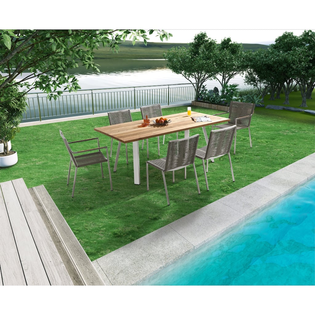 Outdoor Dining Table - Teak Wood Rectangular Top with Steel Legs, Patio Seating for 6 to 8 Guests - 71