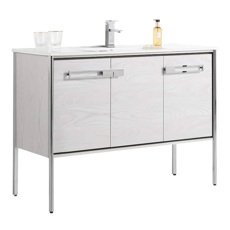 Fine Fixtures Oakville Bathroom Vanity with White Ceramic Sink - 48 Inch - Mild Grey Oak - Chrome Hardware