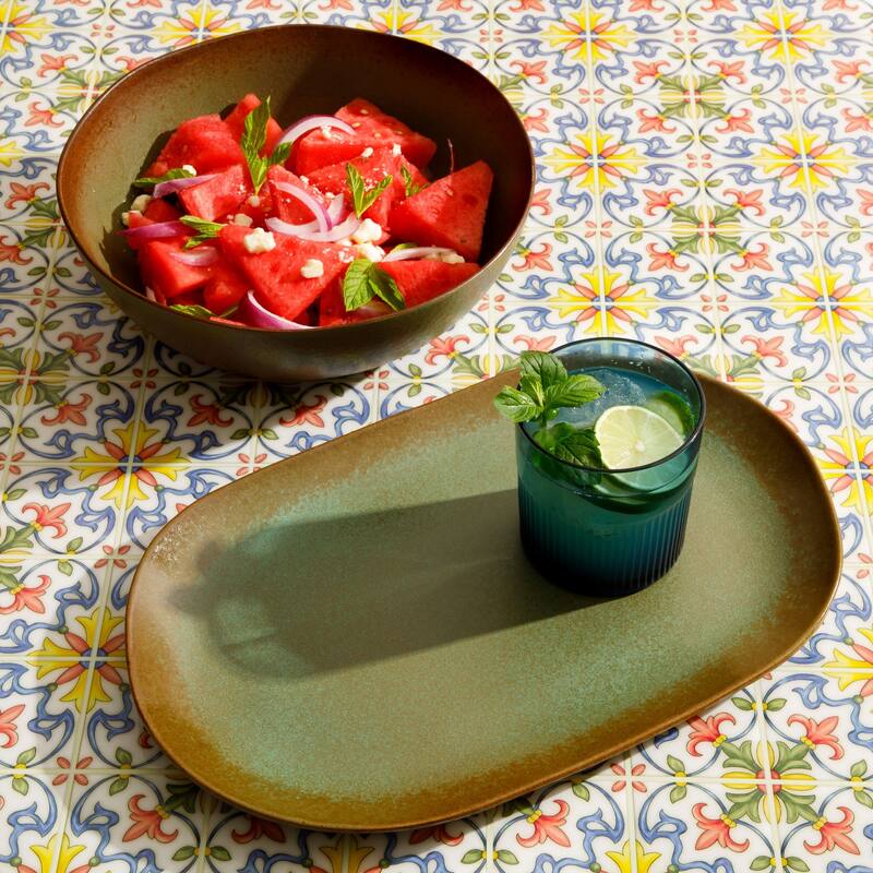 Bloomhouse Palermo Sun 2 Piece Serving Bowl and Oval Platter Stoneware Reactive Glaze Serveware Set