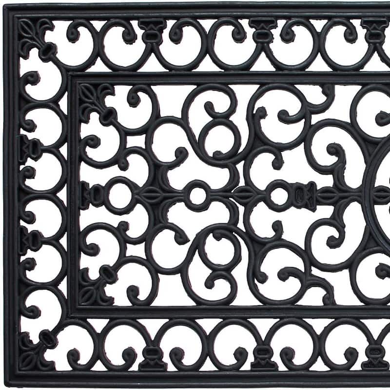 HomeRoots 17" X 41" Black Scrollwork Outdoor Rubber Door Mat - 17' X '41
