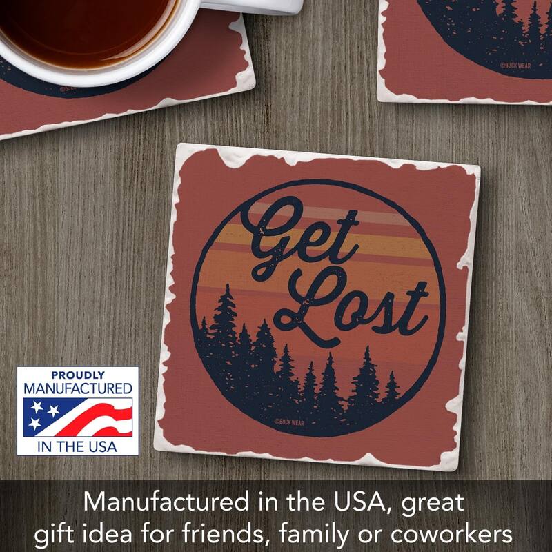 Get Lost 4 Pack Tumbled Tile Stone Coaster with Protective Cork Backing Manufactured in The USA 4" Square