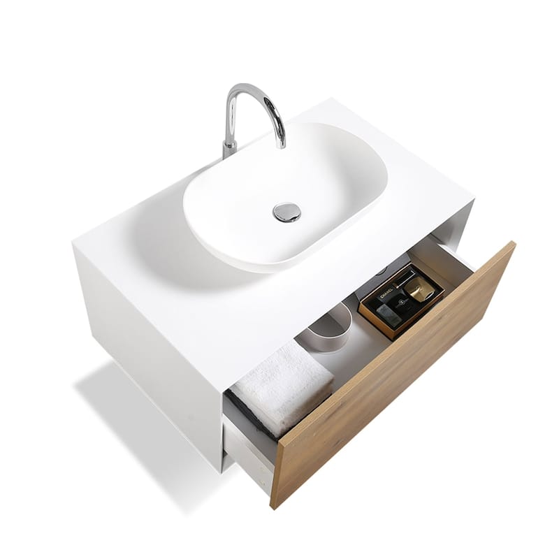 Wall Mounted Bathroom Vanity Set with White Solid Surface Top and Vessel Sink