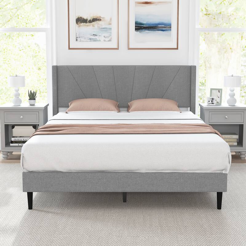 Bed Frame with Linen Upholstered Wingback Headboard