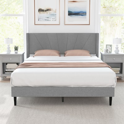 Bed Frame with Linen Upholstered Wingback Headboard