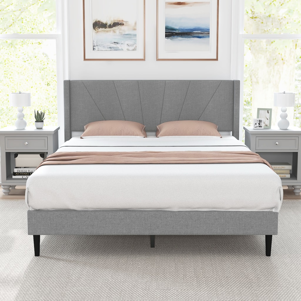 Bed Frame with Linen Upholstered Wingback Headboard