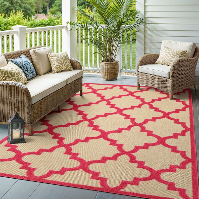 Style Haven Cara Mixed Pile Quatrafoil Lattice Indoor/ Outdoor Area Rug - 9' 10" x 12' 10" - Sand/Pink - Rectangle