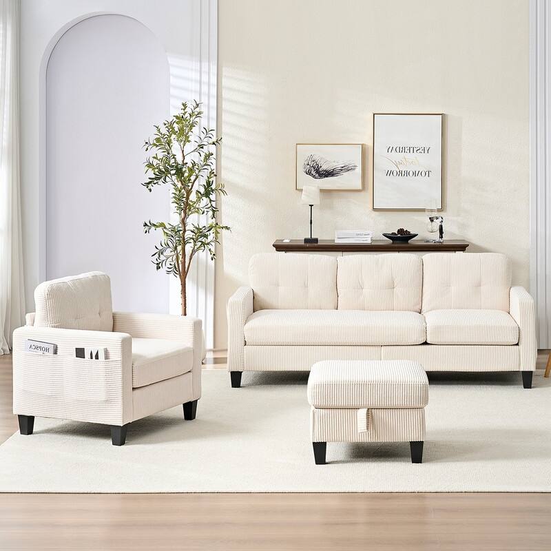 Mixoy 76'' L-Shaped Sofa Set,Corduroy Sectional Sofa,Mid Century 3-Seater Sofa with Storage Ottoman/Loveseat/Single Sofa