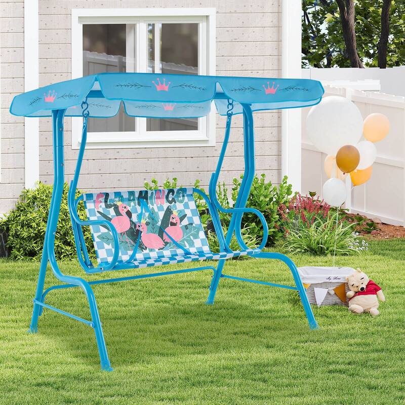 2 Seats Children Swing Chair Kids Porch Swing w/ Safety Belt & Canopy