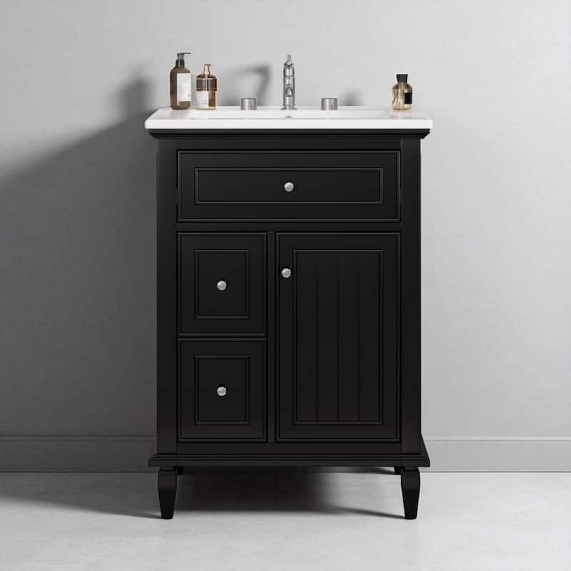 24" Bathroom Vanity with Sink, Flip Drawer, 2 Side Drawers, Solid Wood Frame, Ceramic Top, Freestanding Cabinet - Black