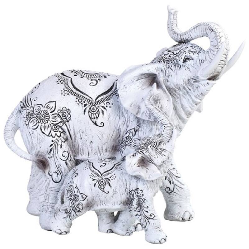 Q-Max 8.25"W Decorative White Elephant and Baby with Tattoo Statue Feng Shui Decoration Religious Figurine