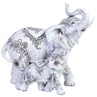 Q-Max 8.25"W Decorative White Elephant and Baby with Tattoo Statue Feng Shui Decoration Religious Figurine
