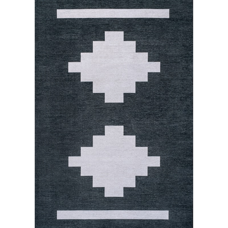 JONATHAN Y Luola Solid Low-Pile Machine Washable Area Rug - 4 X 6 - Navy/Light Gray