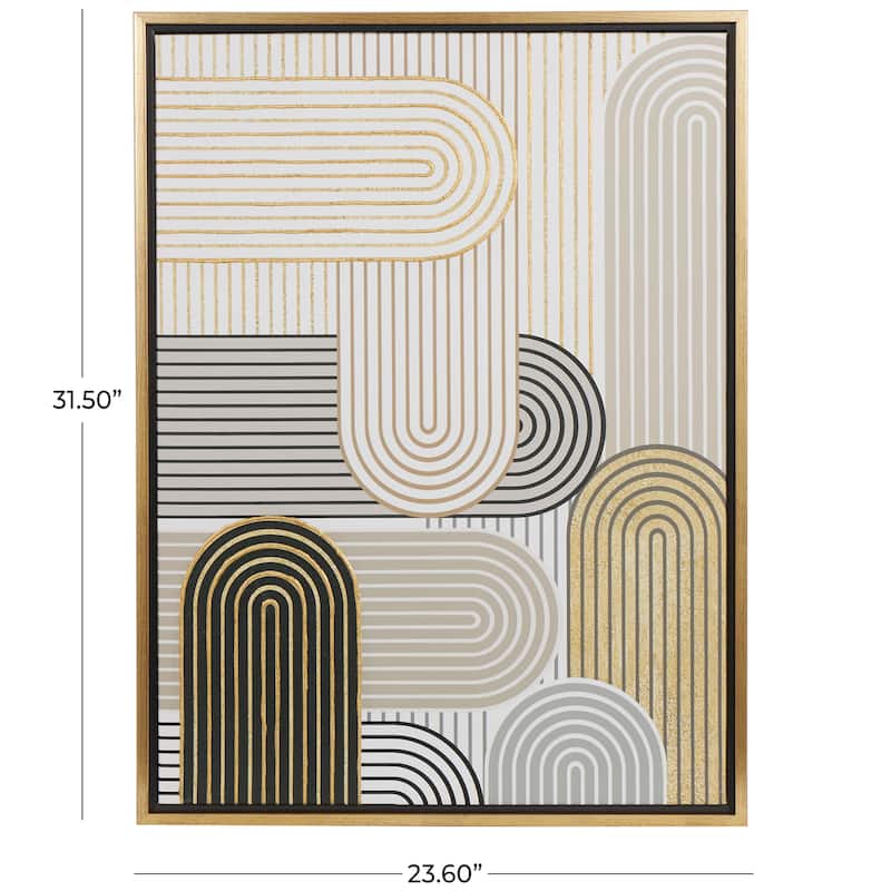 Cream Canvas Art Deco Linear Arched Abstract Framed Wall Art with Gold Foil Accents