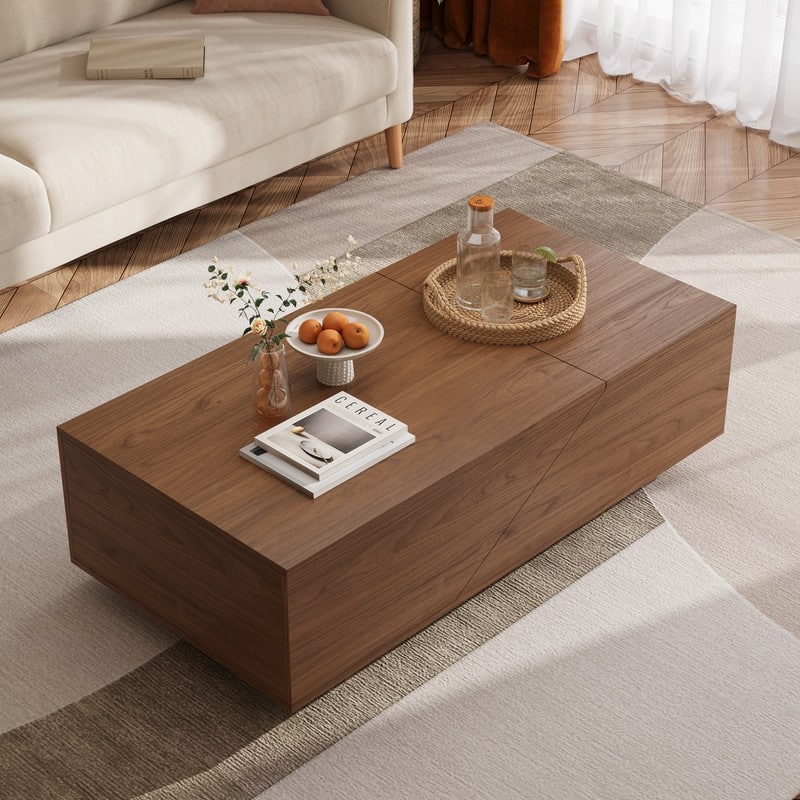 47" Modern Mid-Century Lift Top Trunk Coffee Table with Divided Storage, Dual-Zone Design for Living Room