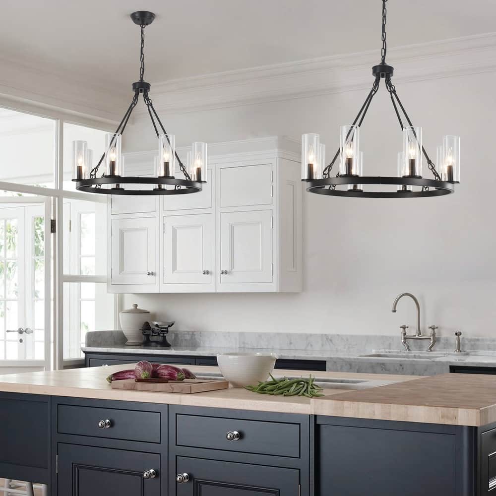 25.98inch 8-light Farmhouse Wagon Wheel Height Adjustable Chandelier With Glass Shade for Multiple Spaces