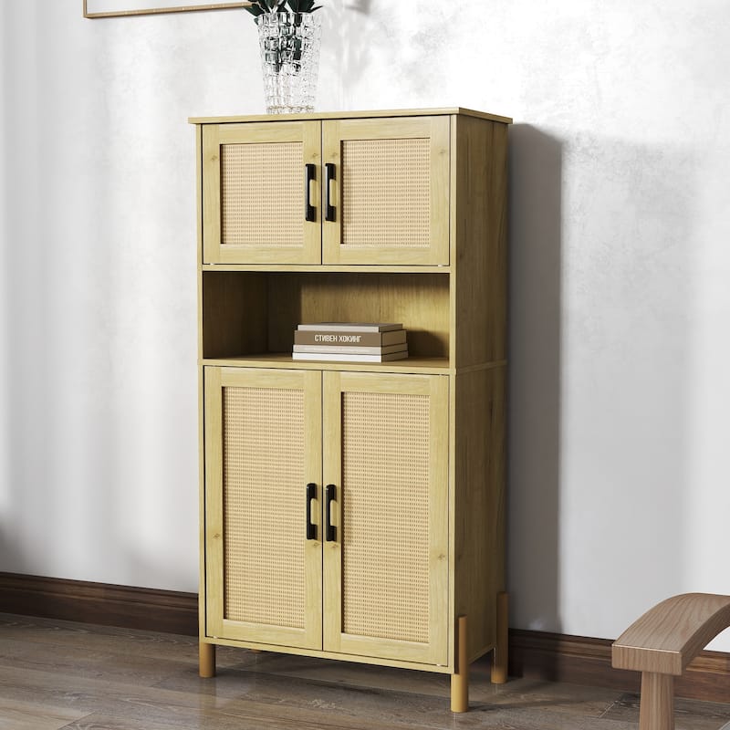 Mid Century 4 Door Rattan Cabinet, Adjustable Shelves Dining Storage - Natural