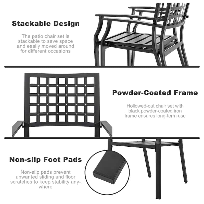 Outdoor Patio Dining Chair Set of 2, Powder-coated Iron Frame, Black