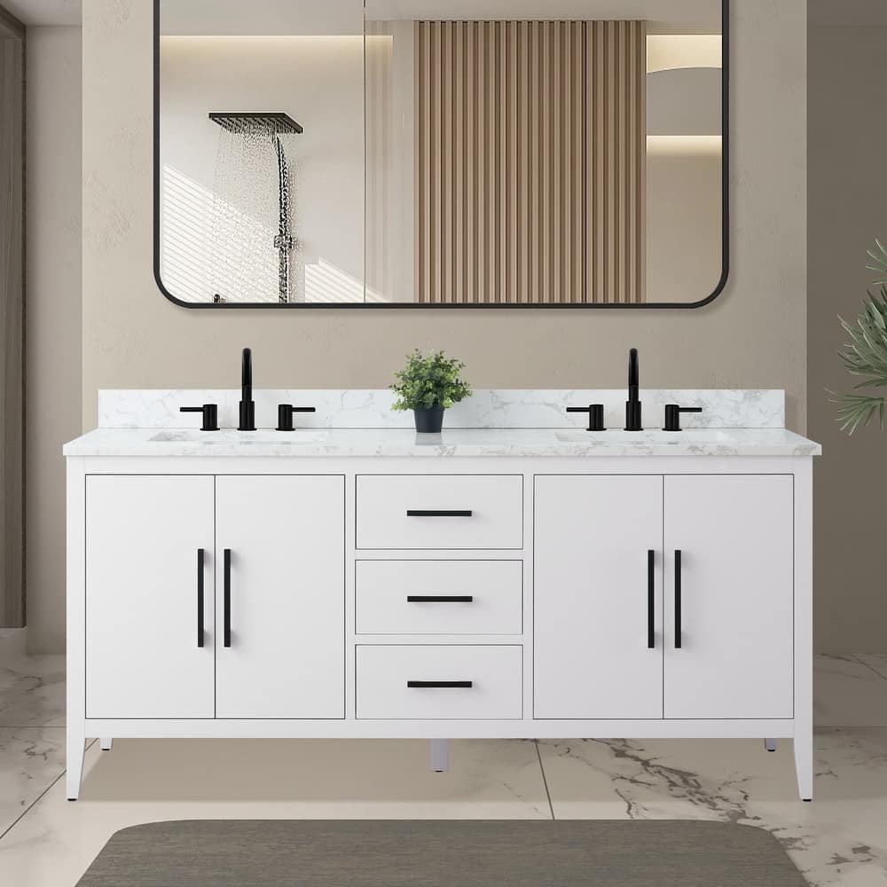 Vanity Art 72" Double Sink Bathroom Vanity Cabinet with Engineered Marble Top