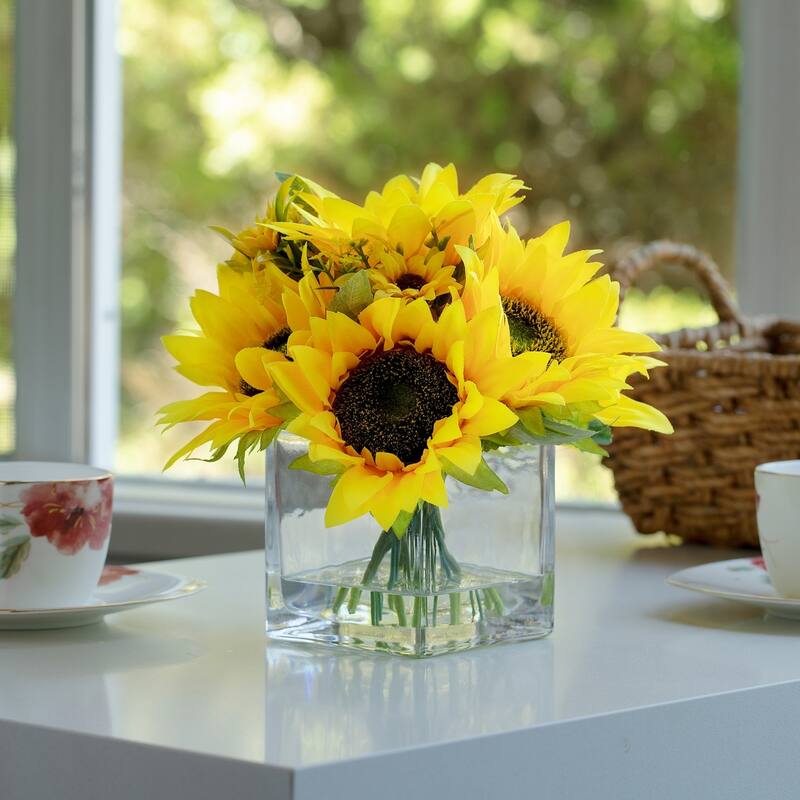 Enova Home Mixed Artificial Sunflowers Arrangement in Glass Vase For Home Office Centerpiece Table Decoration - N/A - Yellow