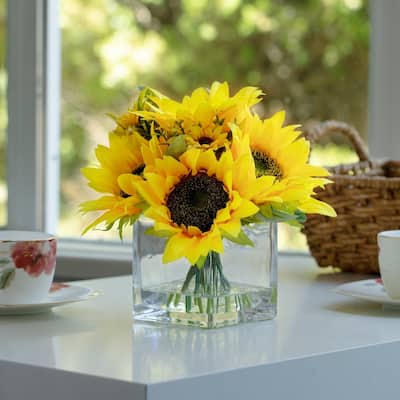 Enova Home Mixed Artificial Sunflowers Arrangement in Glass Vase For Home Office Centerpiece Table Decoration - N/A