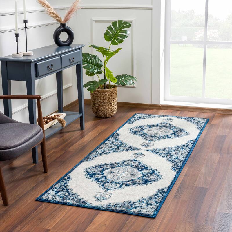 Hauteloom Istanbul Collection Vintage Oriental Traditional Medallion Area Rug - 2'7" x 7'3" - Ivory, Light Grey, Navy, Blue