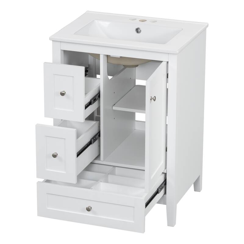 24-Inch Bathroom Vanity with Storage, Adjustable Shelf, MDF & Rubberwood, Removable Dividers