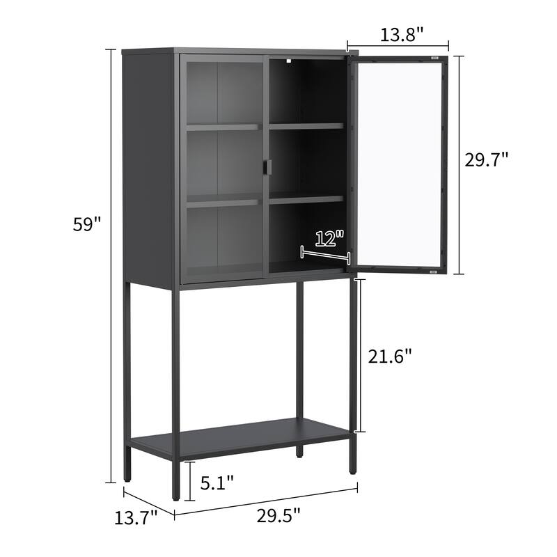 Heavy Duty Metal Storage Cabinet Sideboards & Buffet, Tall Bookcase Display Case with Glass Doors & 2 Adjustable Shelves