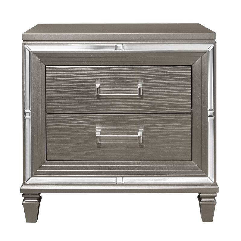 Elegant Style Silver-Metallic Nightstand Beveled Mirror Trim Dovetail Drawers Wooden Furniture
