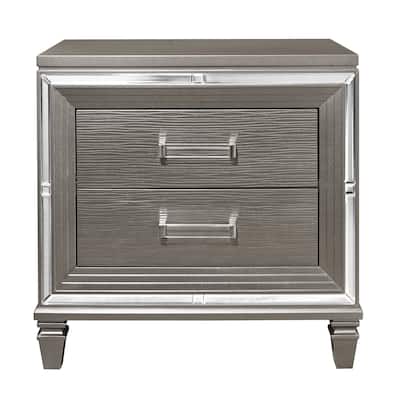 Elegant Style Silver-Metallic Nightstand Beveled Mirror Trim Dovetail Drawers Wooden Furniture