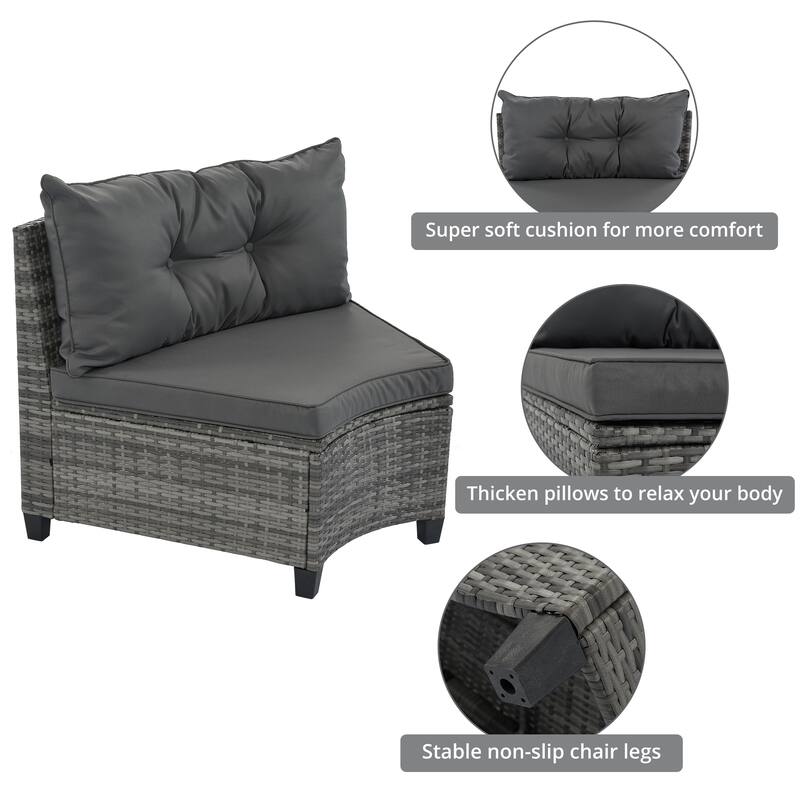 8-Piece Outdoor Patio Wicker Half-Moon Sectional Sofa Set with Rectangular Coffee Table