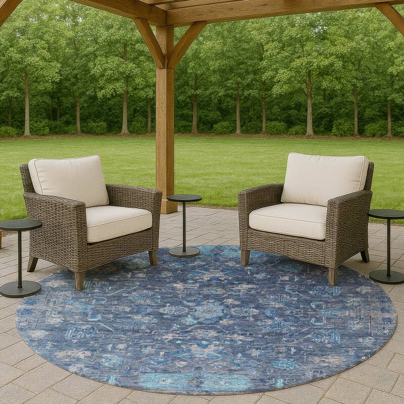 Machine Washable Indoor/ Outdoor Traditional Border Chantille Rug - Navy - 8' x 8'