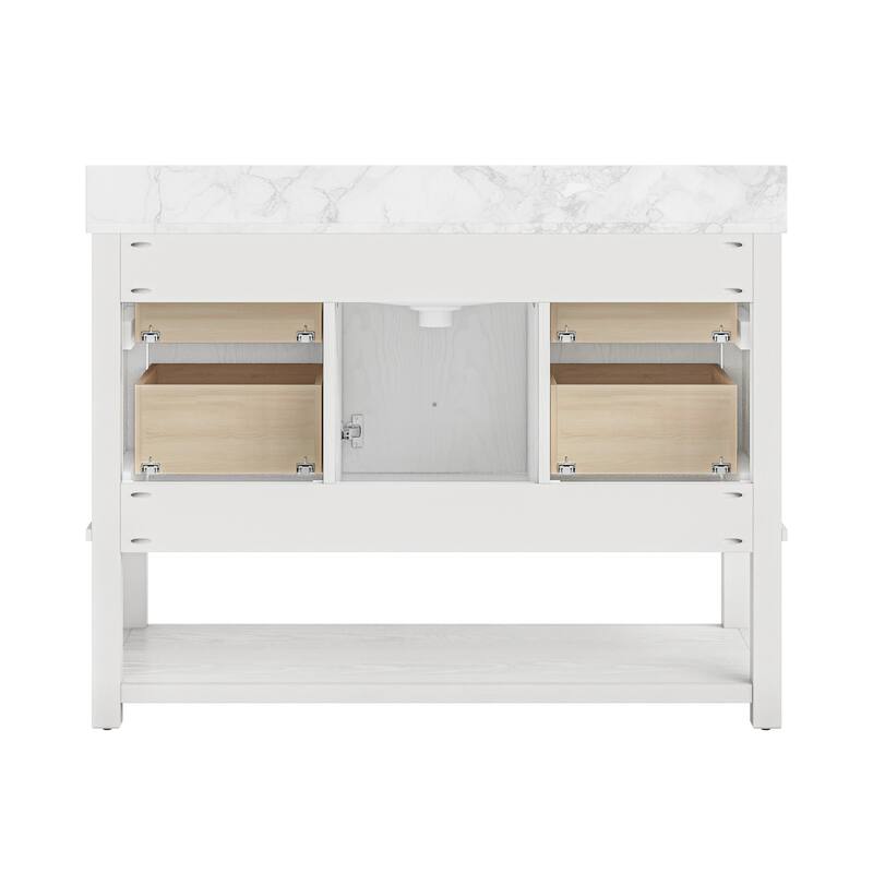 48 Inch Single Bathroom Vanity with 6 Drawers, Marble Top Bathroom Vanity with Sink in White