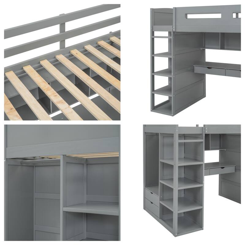 Twin Size Wood Loft Bed with Desk, Wardrobes,Drawers and Shelves