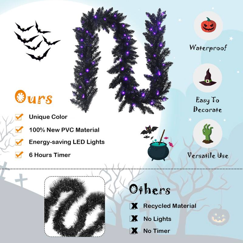 Costway 9ft Pre-lit Christmas Halloween Garland Black w/ 50 Purple LED - See details