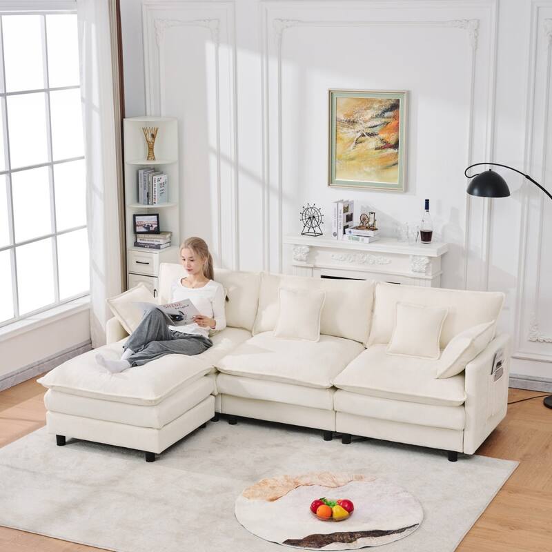 101.9" L-shaped Cashmere Sectional Sofa with Pillows and Movable Ottoman