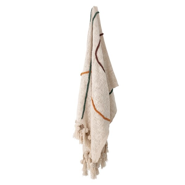 Cream Color Cotton Embroidered Throw Blanket with Tassels Bed