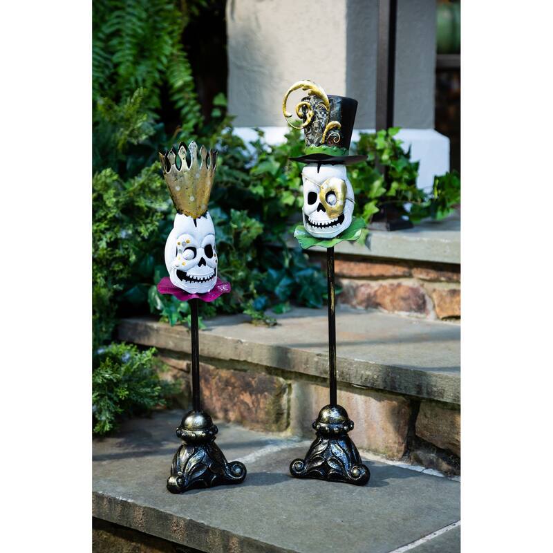 Metal Skeleton Green Head on stand/Skeleton Purple Head on Stand Set of 2