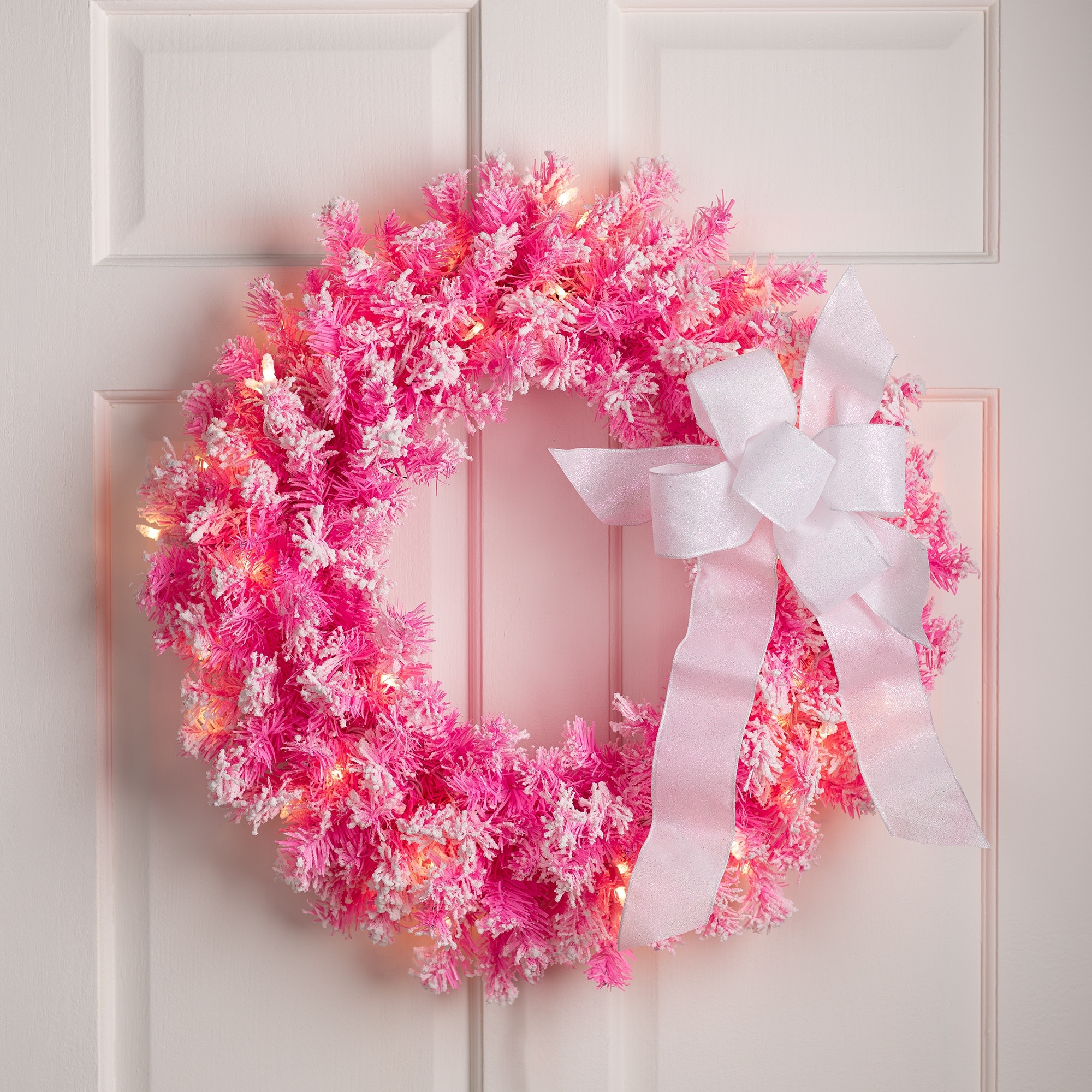 Flocked Pine Artificial Christmas Wreath 24" Pink Clear Lights