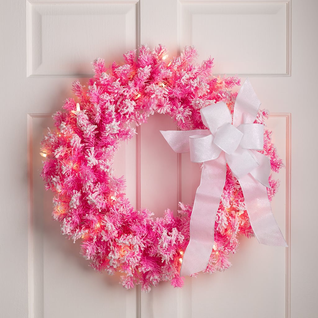Pre-Lit Flocked Pine Artificial Christmas Wreath - 24" - Pink - Clear Lights
