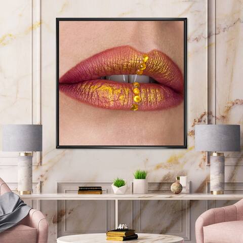 Designart "Female Lips Close-Up With Red Lipstick, Gold Paint" Modern Framed Canvas Wall Art Print