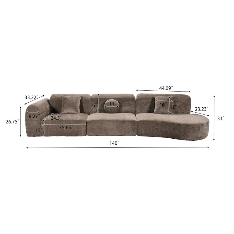 Christopher Knight Home - Curved 140" Upholstered Sectional Sofa with High-Density Fully Compressed Sponge and Chaise Lounge