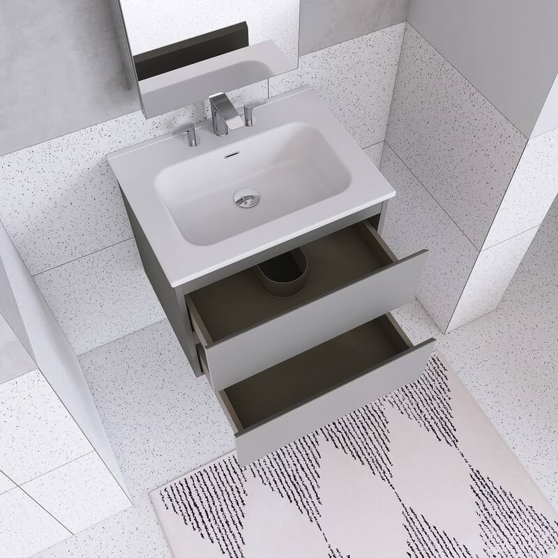 Floating Integrated Bathroom Vanity with Ceramic Sink, Three Faucet Holes